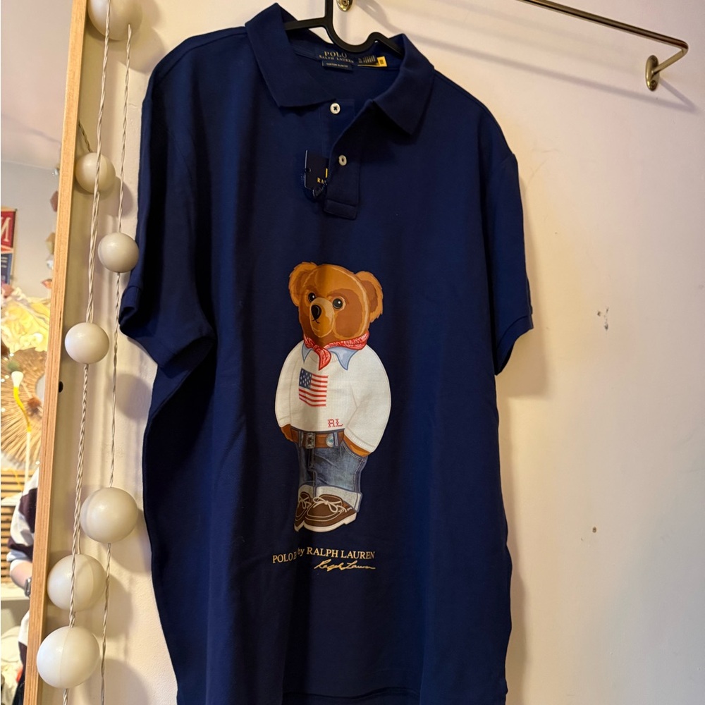 NWT Polo Ralph Lauren Polo Bear Polo Shirt Navy Custom Slim Fit Men’s XL US Flag